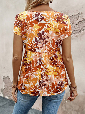 EMERY ROSE Women's Vacation Leisure Plant Printed Short Sleeve Shirt