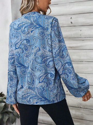 EMERY ROSE Women's Vacation Plant Print Plunging V-Neck Lantern Sleeve Loose Blouse