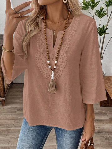 EMERY ROSE Women's Vacation Style Solid Color Notched Collar Contrast Lace 3/4 Sleeve Blouse