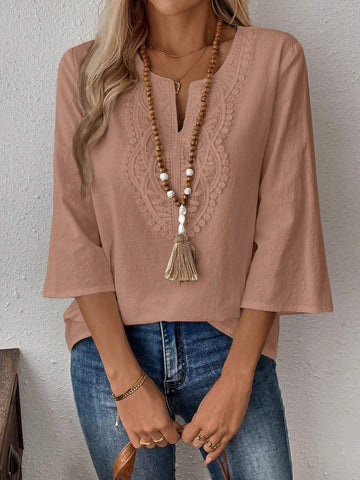 EMERY ROSE Women's Vacation Style Solid Color Notched Collar Contrast Lace 3/4 Sleeve Blouse
