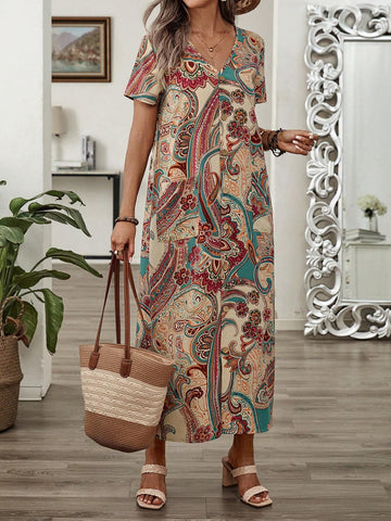 EMERY ROSE Women's Vacation Style V-Neck Plant Printed Dress With Slanted Pockets For Summer
