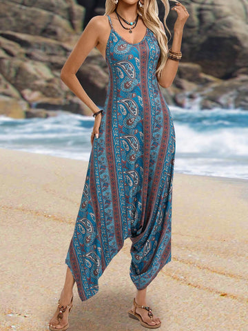 EMERY ROSE Women's Vintage Printed Casual Jumpsuit, Summer