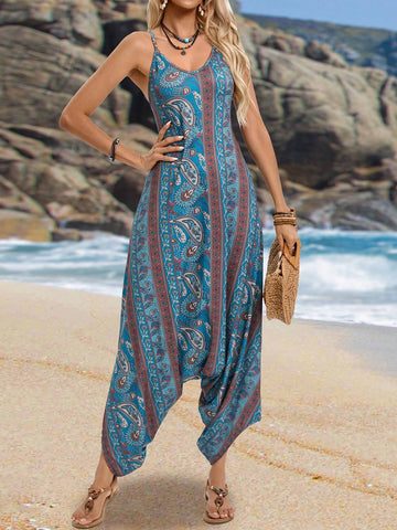 EMERY ROSE Women's Vintage Printed Casual Jumpsuit, Summer