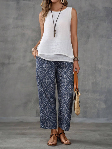 EMERY ROSE Women's Vintage Printed Simple Casual Daily Trousers