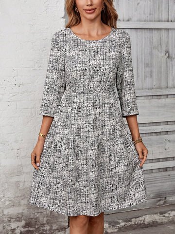 EMERY ROSE Women's Woven Printed 3/4 Ruffle Hem Short Dress