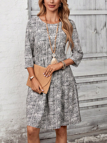 EMERY ROSE Women's Woven Printed 3/4 Ruffle Hem Short Dress