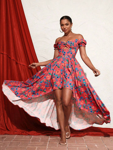 ERAMOS Women's Vacation Style One-Shoulder Floral Printed Asymmetrical A-Line Long Dress