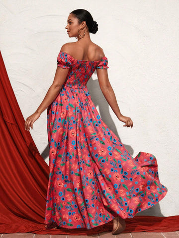 ERAMOS Women's Vacation Style One-Shoulder Floral Printed Asymmetrical A-Line Long Dress