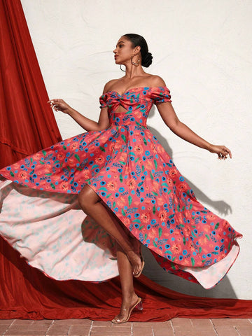 ERAMOS Women's Vacation Style One-Shoulder Floral Printed Asymmetrical A-Line Long Dress