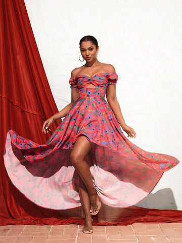 ERAMOS Women's Vacation Style One-Shoulder Floral Printed Asymmetrical A-Line Long Dress