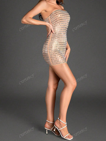 EU/US Fashion Women Solid Color Rhinestone Decoration Sleeveless Mini Dress