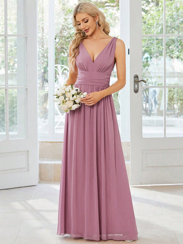 EVER-PRETTY 1 PC Plunging Neck Ruched Waist Maxi Formal Dress