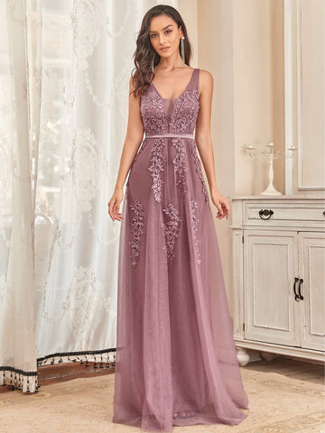 EVER-PRETTY Applique Detail Low Back Mesh Bridesmaid Dress