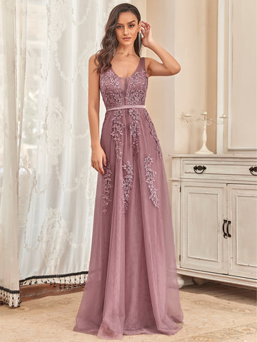 EVER-PRETTY Applique Detail Low Back Mesh Bridesmaid Dress
