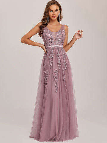 EVER-PRETTY Applique Detail Low Back Mesh Bridesmaid Dress