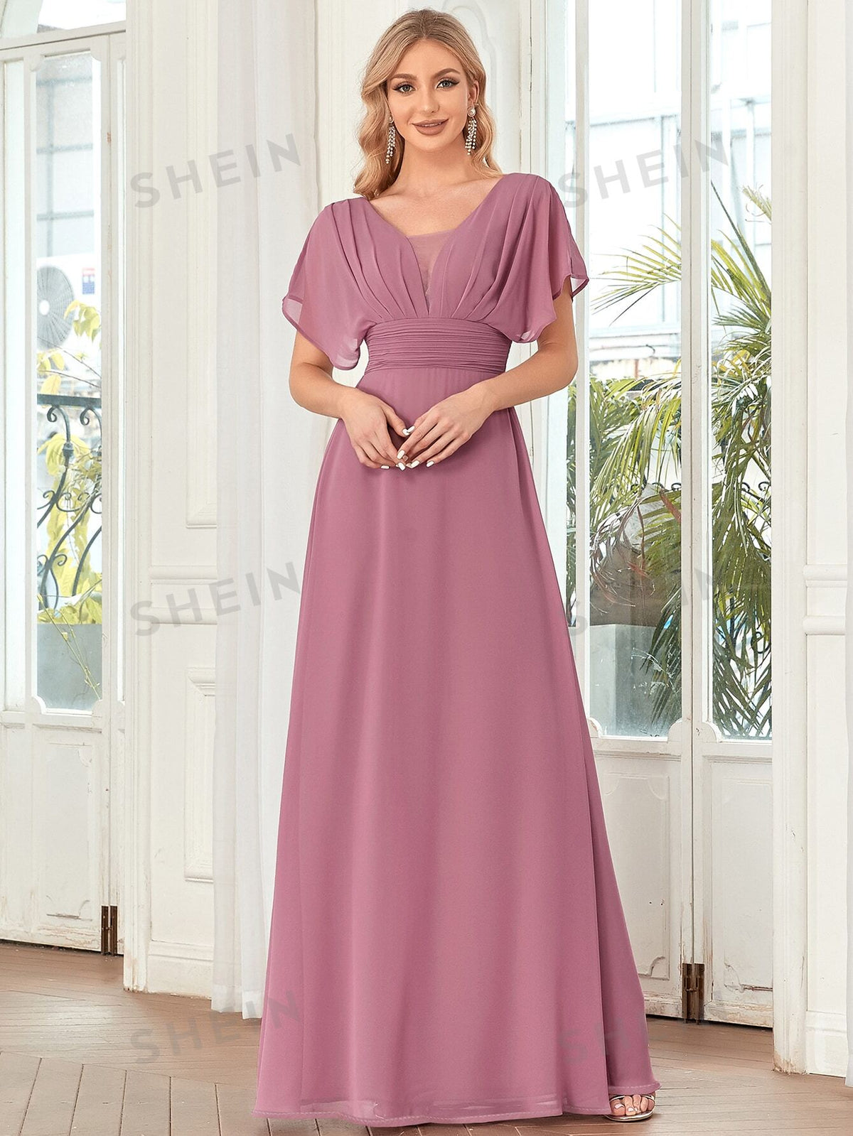 EVER-PRETTY Batwing Sleeve Mesh Insert Formal Gown