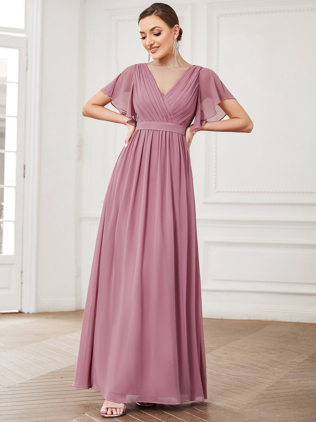EVER-PRETTY Butterfly Sleeve Fold Pleated Chiffon Bridesmaid Dress