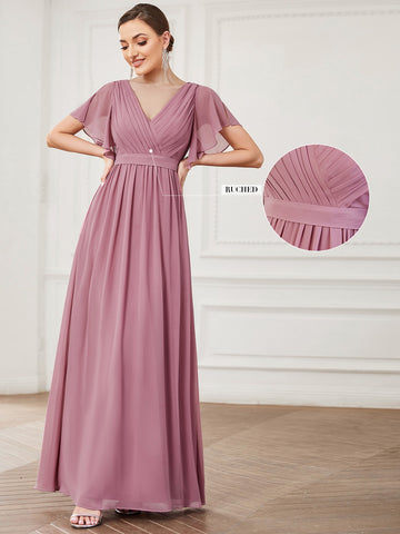 EVER-PRETTY Butterfly Sleeve Fold Pleated Chiffon Bridesmaid Dress