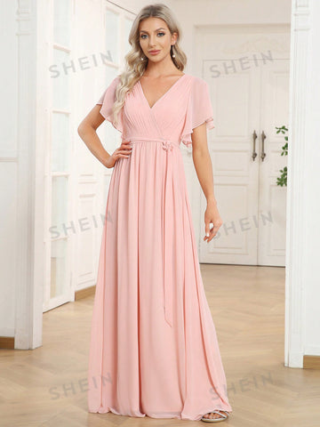 EVER-PRETTY Butterfly Sleeve Knot Side Chiffon Bridesmaid Dress