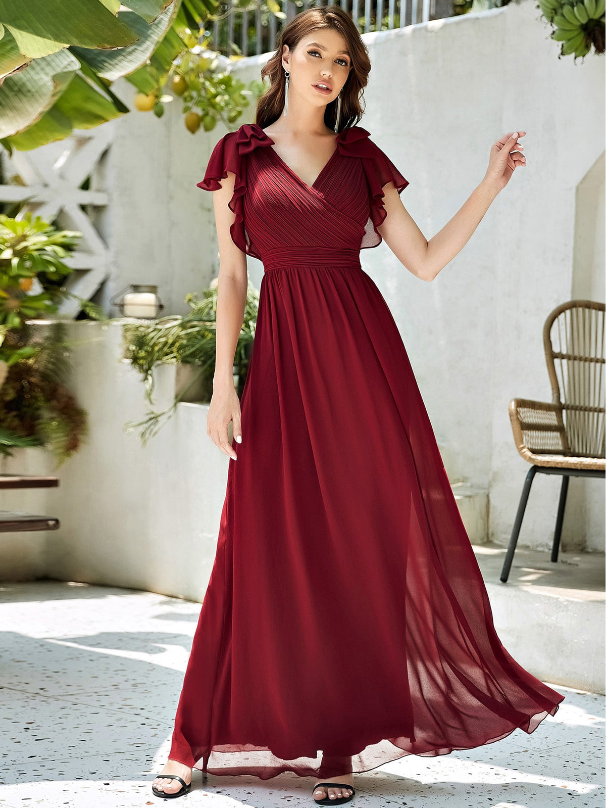 EVER-PRETTY Butterfly Sleeve Ruched Bodice Chiffon Prom Dress