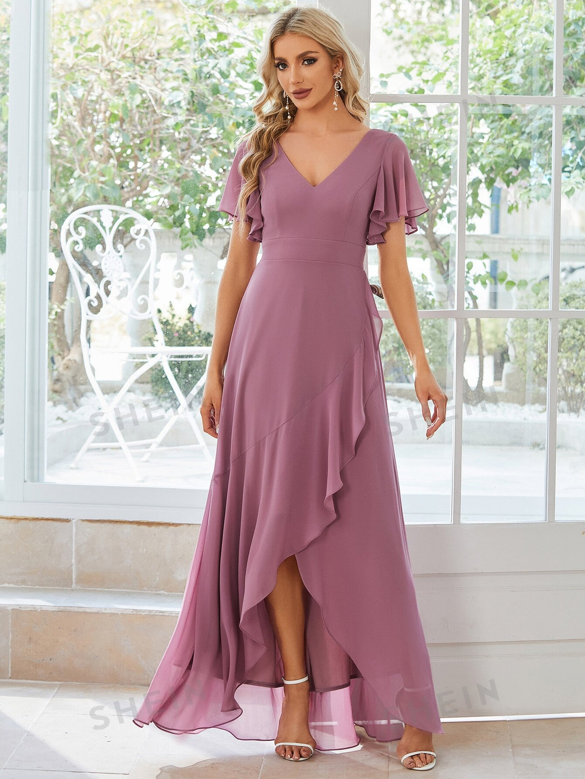 EVER-PRETTY Butterfly Sleeve Ruffle Trim Wrap Hem Chiffon Bridesmaid Dress
