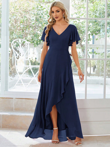 EVER-PRETTY Butterfly Sleeve Ruffle Trim Wrap Hem Chiffon Bridesmaid Dress