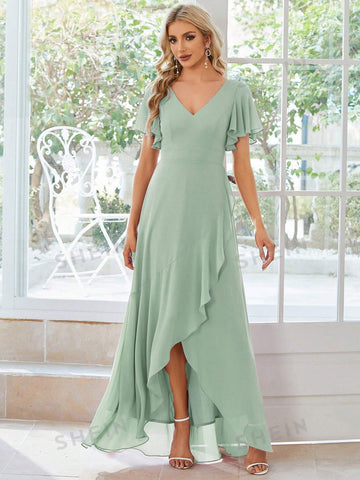 EVER-PRETTY Butterfly Sleeve Ruffle Trim Wrap Hem Chiffon Bridesmaid Dress