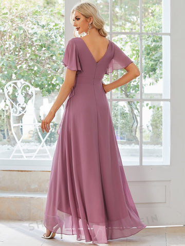 EVER-PRETTY Butterfly Sleeve Ruffle Trim Wrap Hem Chiffon Bridesmaid Dress