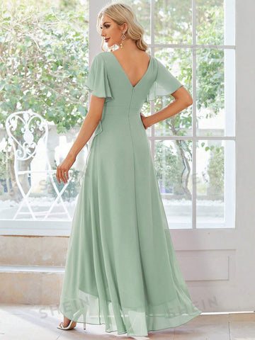 EVER-PRETTY Butterfly Sleeve Ruffle Trim Wrap Hem Chiffon Bridesmaid Dress