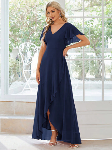 EVER-PRETTY Butterfly Sleeve Ruffle Trim Wrap Hem Chiffon Bridesmaid Dress