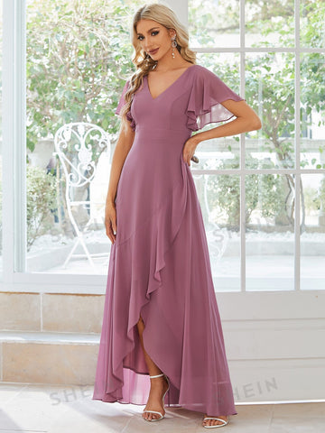 EVER-PRETTY Butterfly Sleeve Ruffle Trim Wrap Hem Chiffon Bridesmaid Dress