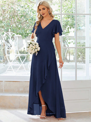 EVER-PRETTY Butterfly Sleeve Ruffle Trim Wrap Hem Chiffon Bridesmaid Dress