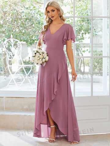 EVER-PRETTY Butterfly Sleeve Ruffle Trim Wrap Hem Chiffon Bridesmaid Dress