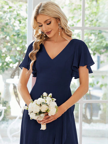 EVER-PRETTY Butterfly Sleeve Ruffle Trim Wrap Hem Chiffon Bridesmaid Dress