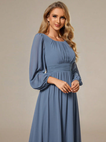 EVER-PRETTY Chiffon Round Neck Lantern Sleeve Bridesmaid Dress