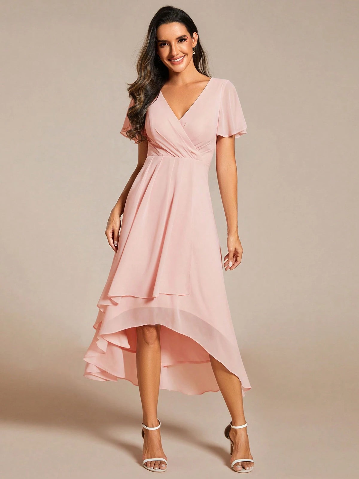 EVER-PRETTY Chiffon Ruffle Trim Contrast High Low Hem Bridesmaid Dress