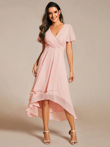EVER-PRETTY Chiffon Ruffle Trim Contrast High Low Hem Bridesmaid Dress