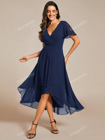 EVER-PRETTY Chiffon Ruffle Trim Contrast High Low Hem Bridesmaid Dress