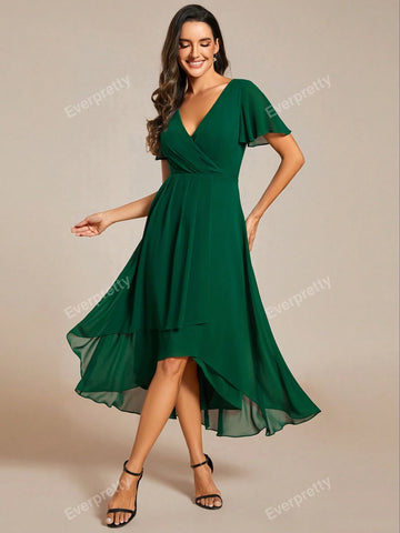 EVER-PRETTY Chiffon Ruffle Trim Contrast High Low Hem Bridesmaid Dress
