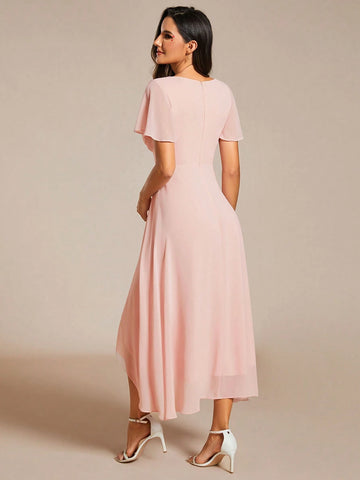 EVER-PRETTY Chiffon Ruffle Trim Contrast High Low Hem Bridesmaid Dress
