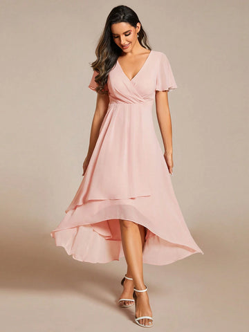 EVER-PRETTY Chiffon Ruffle Trim Contrast High Low Hem Bridesmaid Dress