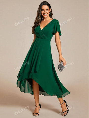 EVER-PRETTY Chiffon Ruffle Trim Contrast High Low Hem Bridesmaid Dress
