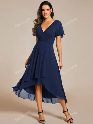 EVER-PRETTY Chiffon Ruffle Trim Contrast High Low Hem Bridesmaid Dress