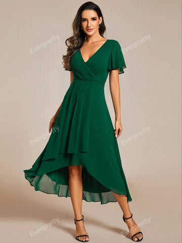EVER-PRETTY Chiffon Ruffle Trim Contrast High Low Hem Bridesmaid Dress