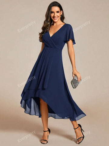 EVER-PRETTY Chiffon Ruffle Trim Contrast High Low Hem Bridesmaid Dress