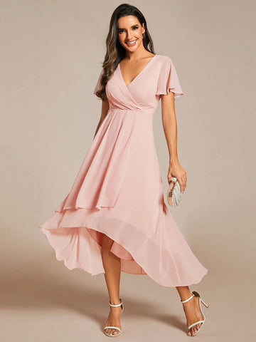 EVER-PRETTY Chiffon Ruffle Trim Contrast High Low Hem Bridesmaid Dress