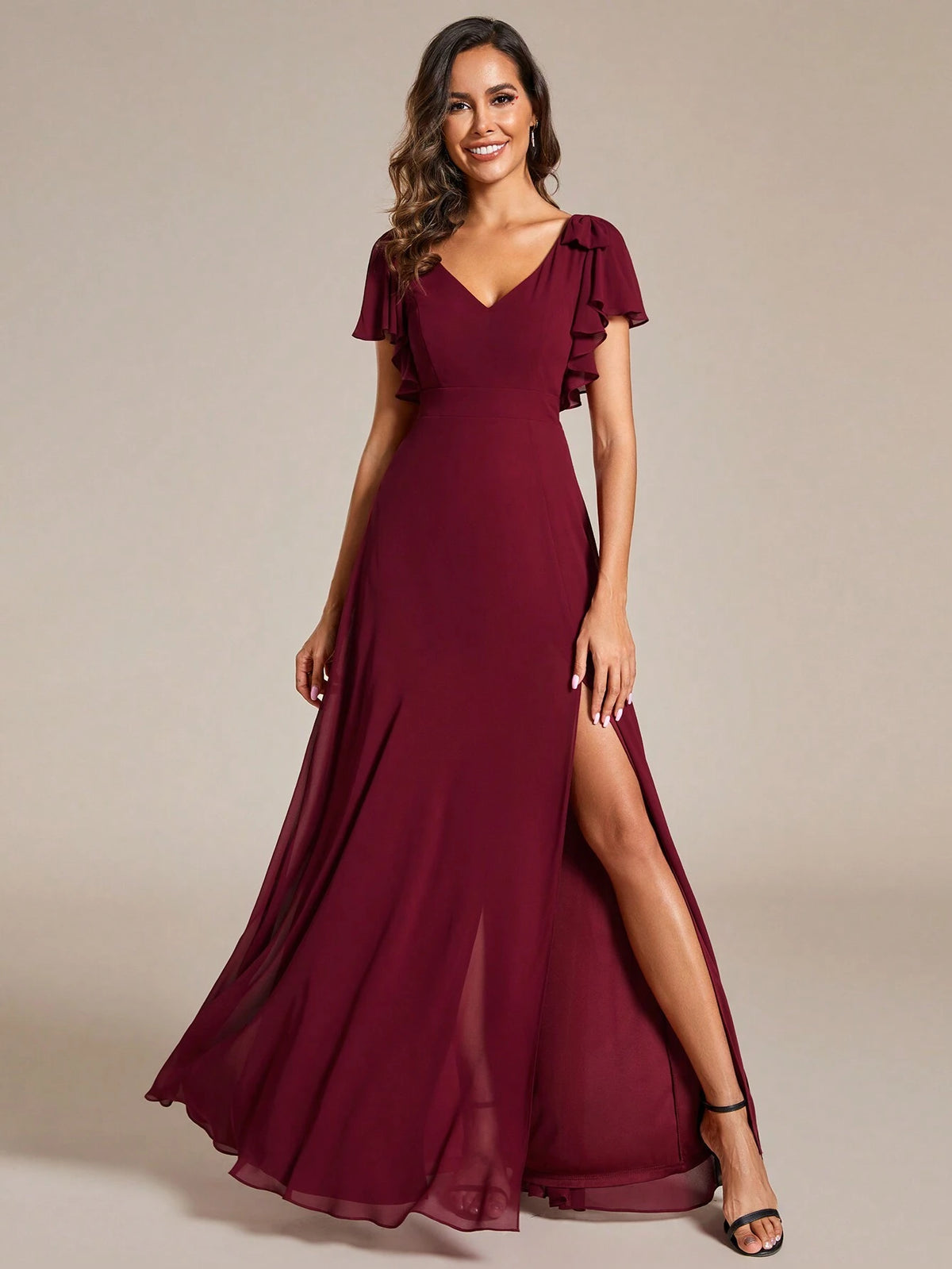EVER-PRETTY Chiffon Split Thigh Ruffle Trim Bow Shoulder Bridesmaid Dress
