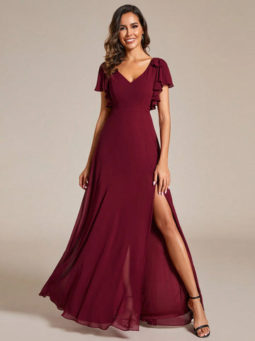 EVER-PRETTY Chiffon Split Thigh Ruffle Trim Bow Shoulder Bridesmaid Dress