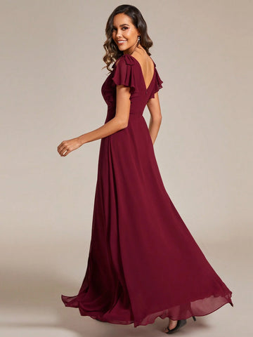 EVER-PRETTY Chiffon Split Thigh Ruffle Trim Bow Shoulder Bridesmaid Dress