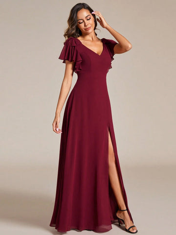 EVER-PRETTY Chiffon Split Thigh Ruffle Trim Bow Shoulder Bridesmaid Dress
